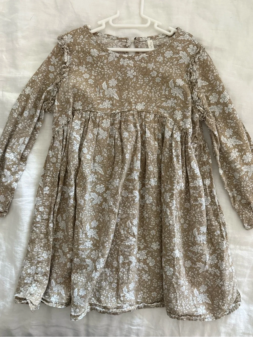 Rylee + Cru Girls' Floral Long-Sleeve Dress in Tan and White